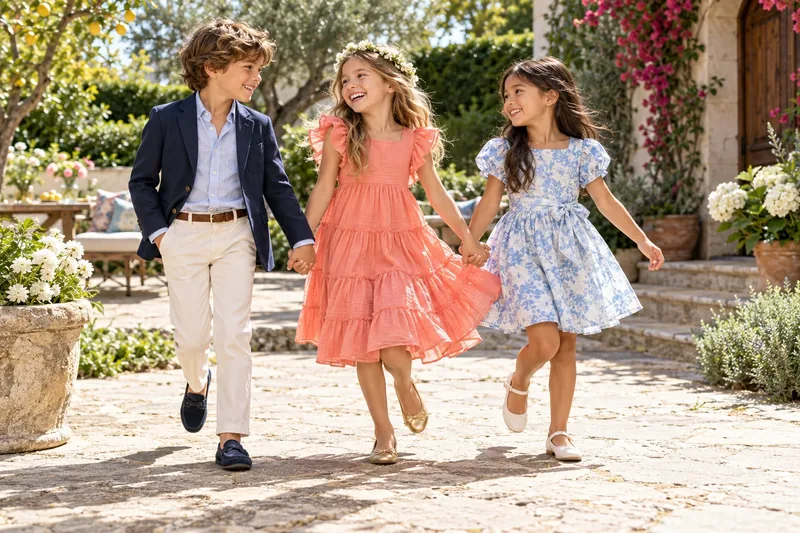 Three children wearing comfortable stylish outfits in a garden