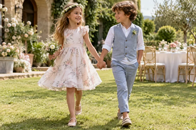 Two children in a floral dress and pale blue waistcoat outfit at a garden celebration