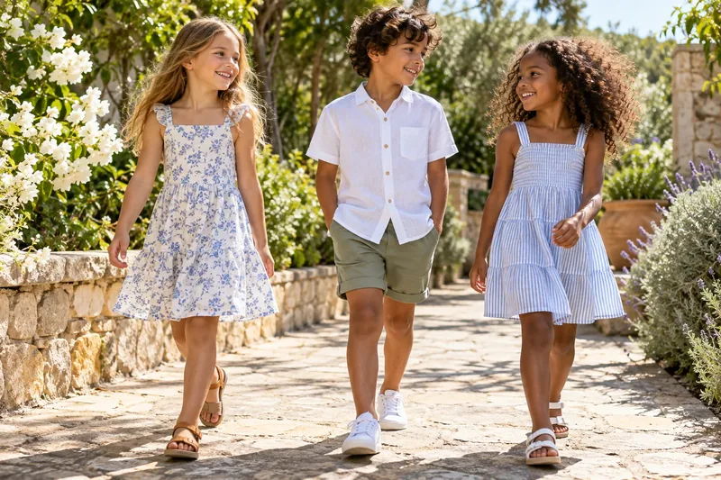Three children in light summer dresses and a white shirt with shorts walking outdoors