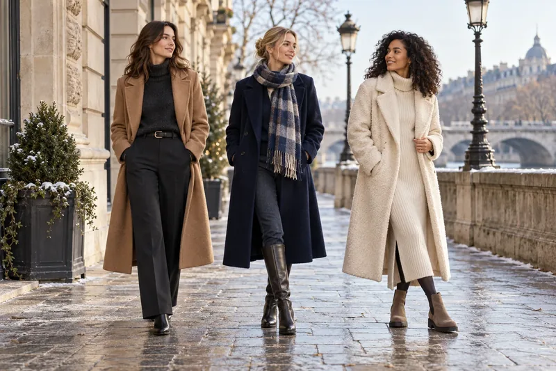 Three women wearing layered winter outfits with coats and practical boots